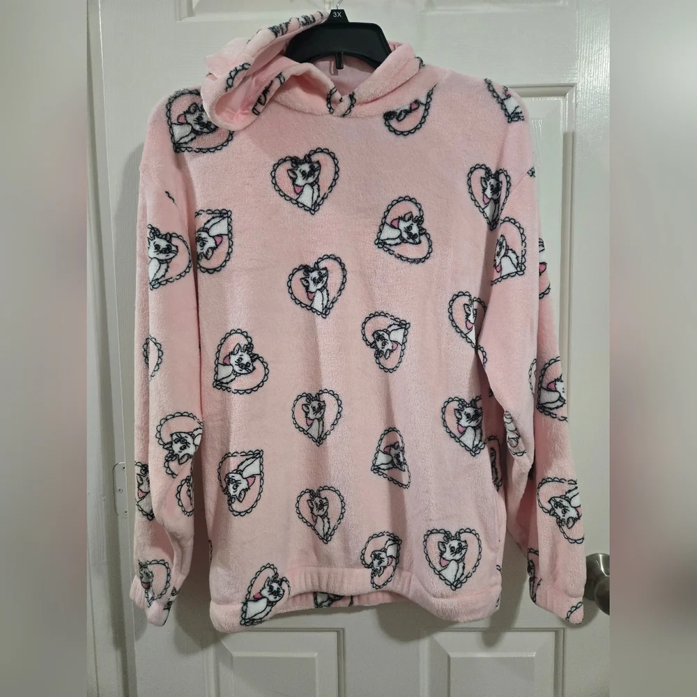 Disney Marie Aristocats Pink Heart Patterned Fleece Hoodie W/ Pockets - Picture 2 of 5